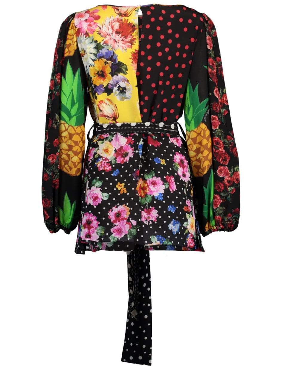DOLCE & GABBANA-Long-Sleeved Patchwork Crepe De Chine Blouse With Belt-