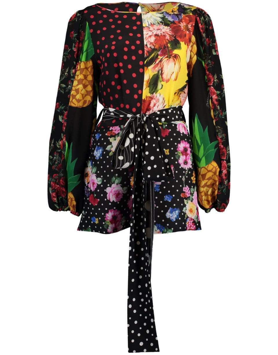 DOLCE & GABBANA-Long-Sleeved Patchwork Crepe De Chine Blouse With Belt-