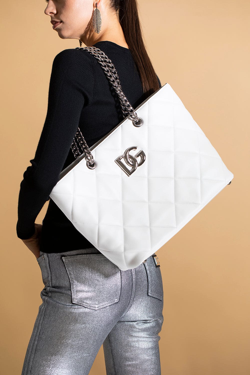 DOLCE & GABBANA-Quilted Tote With Chain Straps-BIANCO