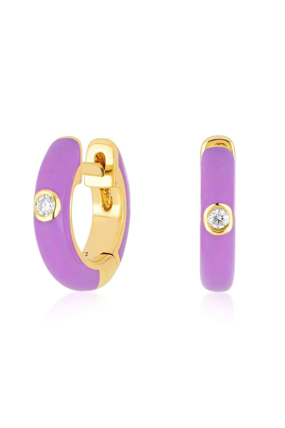 EF COLLECTION-Diamond Lavender Enamel Huggie Earring-YELLOW GOLD