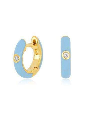 EF COLLECTION-Diamond Baby Blue Enamel Huggie Earrings-YELLOW GOLD