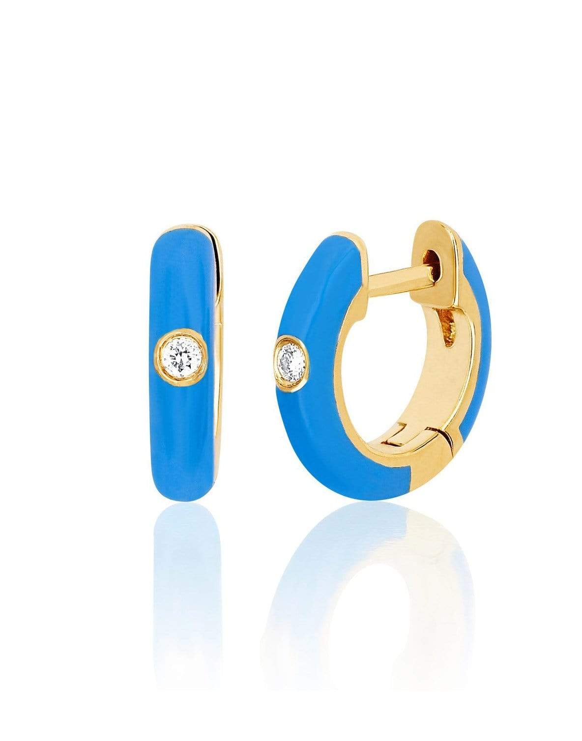 EF COLLECTION-Diamond Blue Enamel Huggie Earrings-YELLOW GOLD