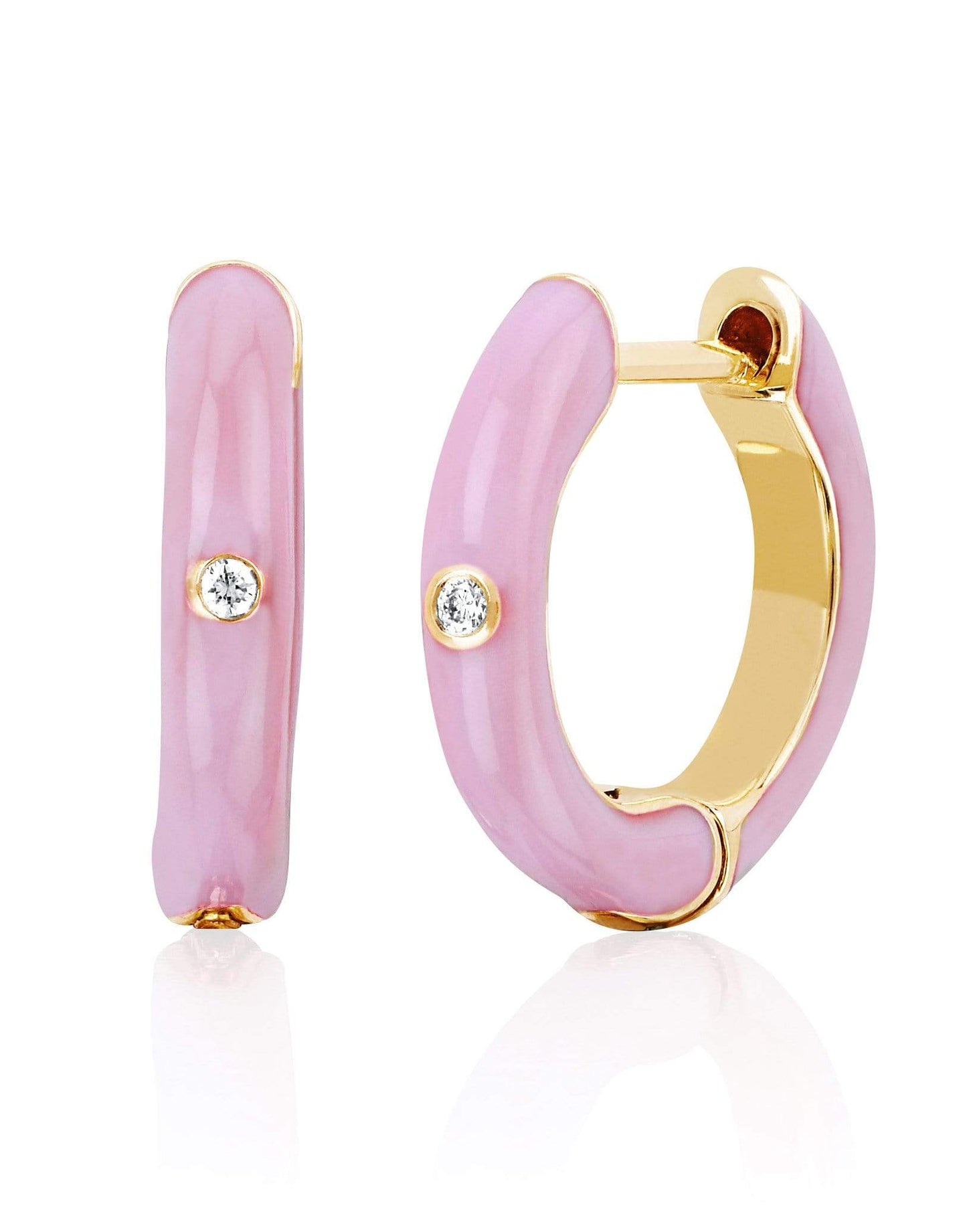 EF COLLECTION-Light Pink Enamel Huggie Earrings-YELLOW GOLD