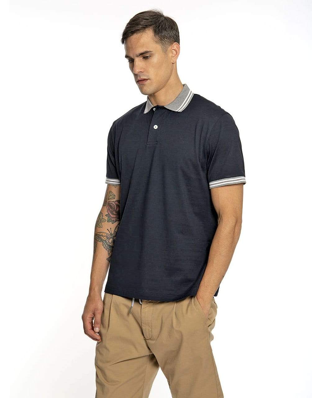 ELEVENTY-Giza Cotton Polo with Contrast Collar - Blu-