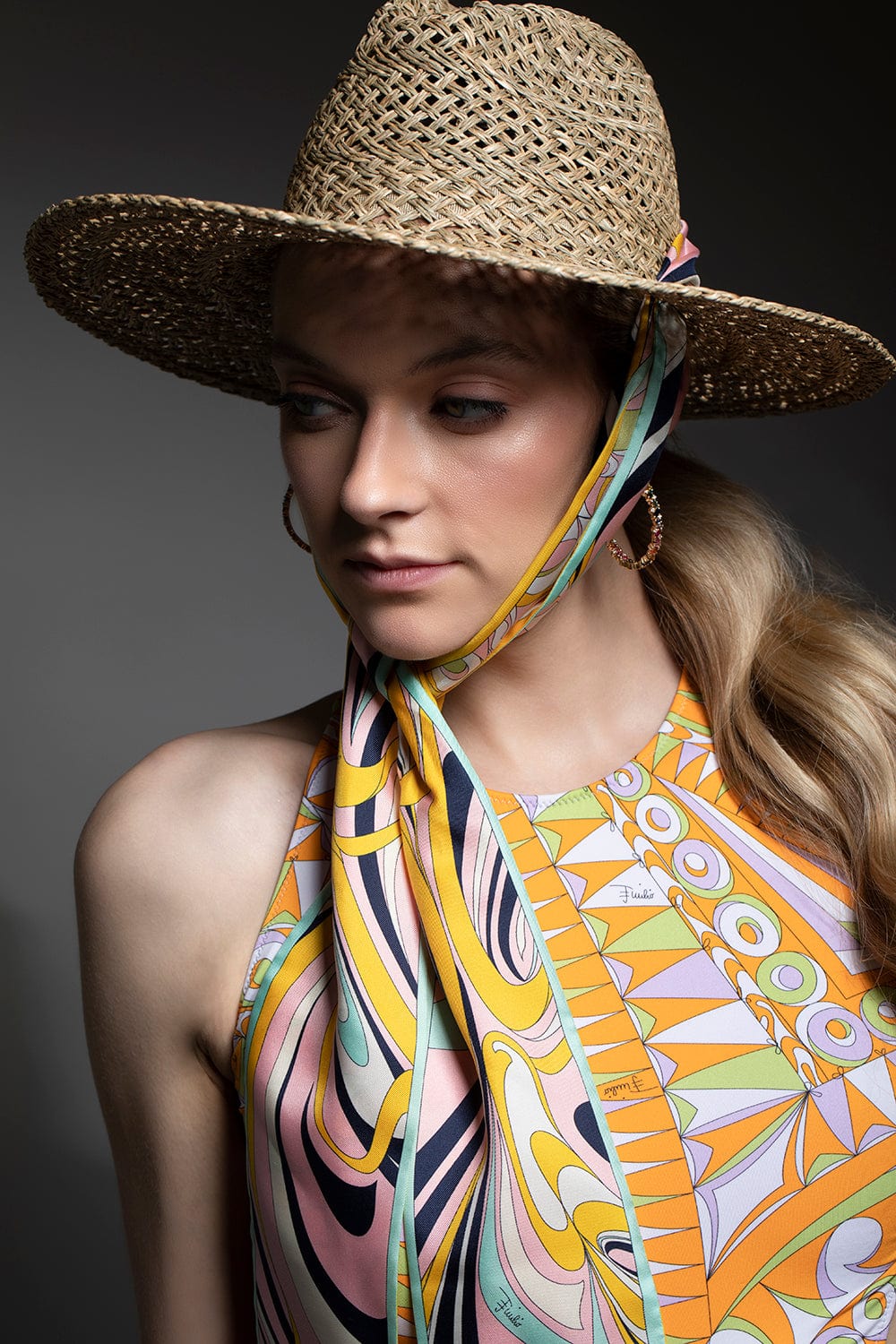 EMILIO PUCCI-Straw Hat With Silk Scarf-NATURAL