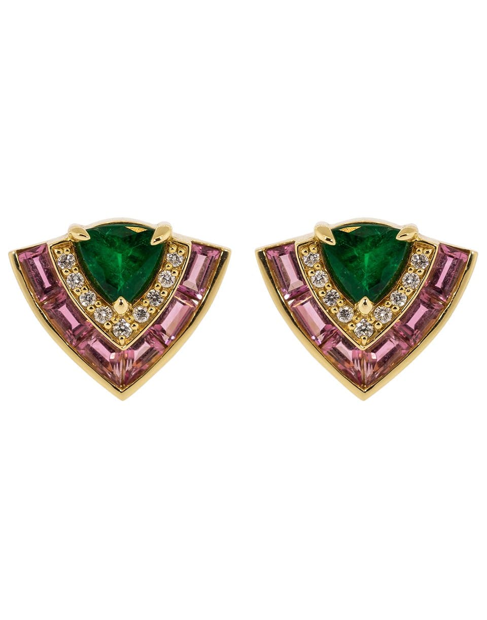 EMILY P WHEELER-Pink Sapphire, Emerald, and Diamond Tiered Stud Earrings-YELLOW GOLD