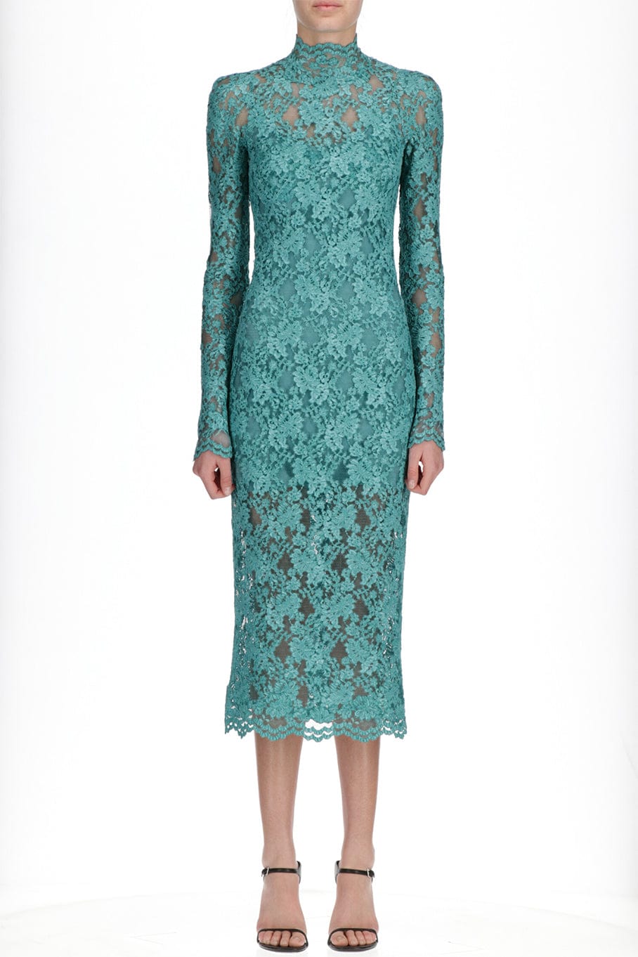High Neck lace long Sleeve Midi Dress in Green