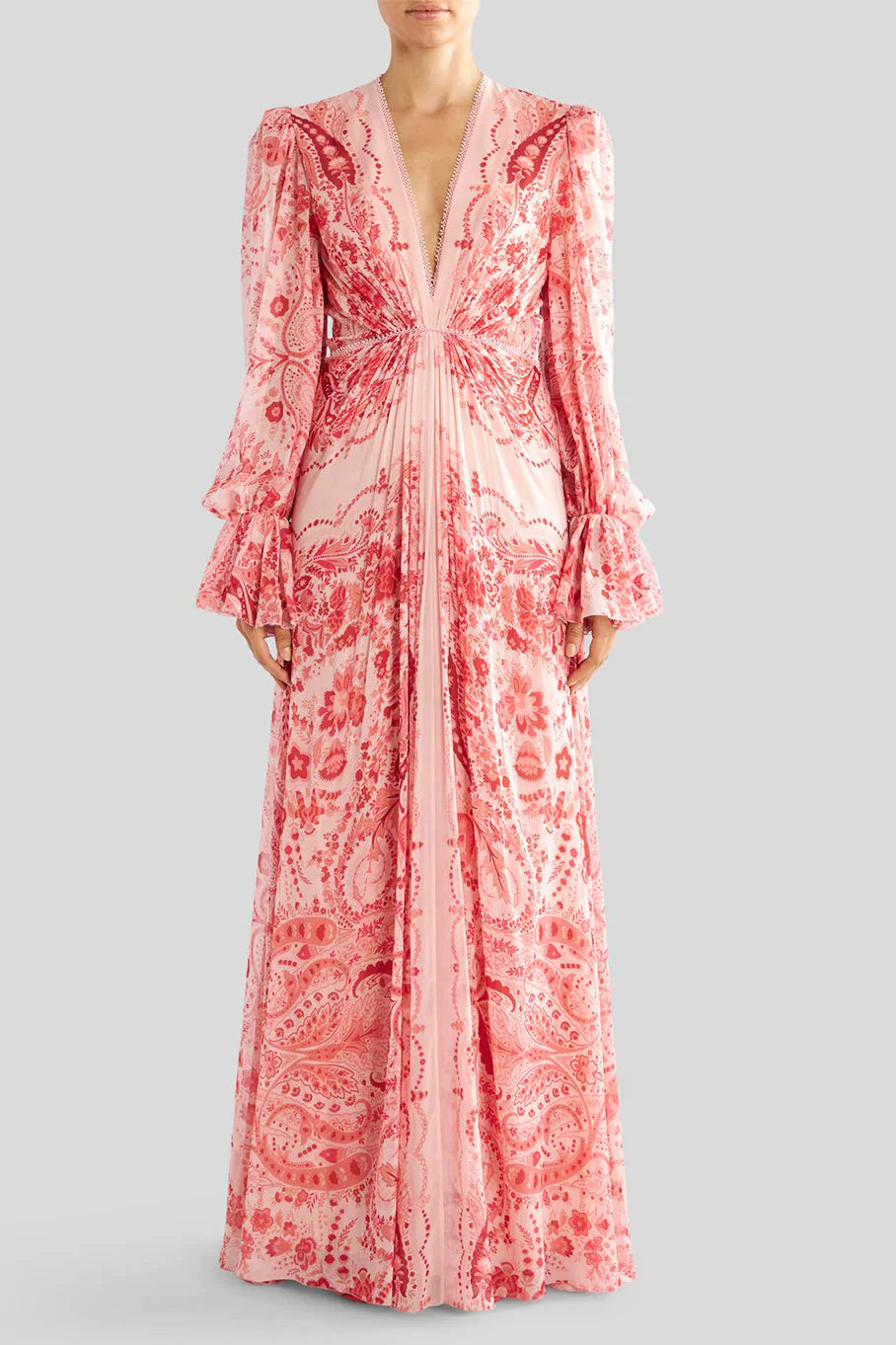 ETRO-Long Sleeve Deep V-Neck Gown-