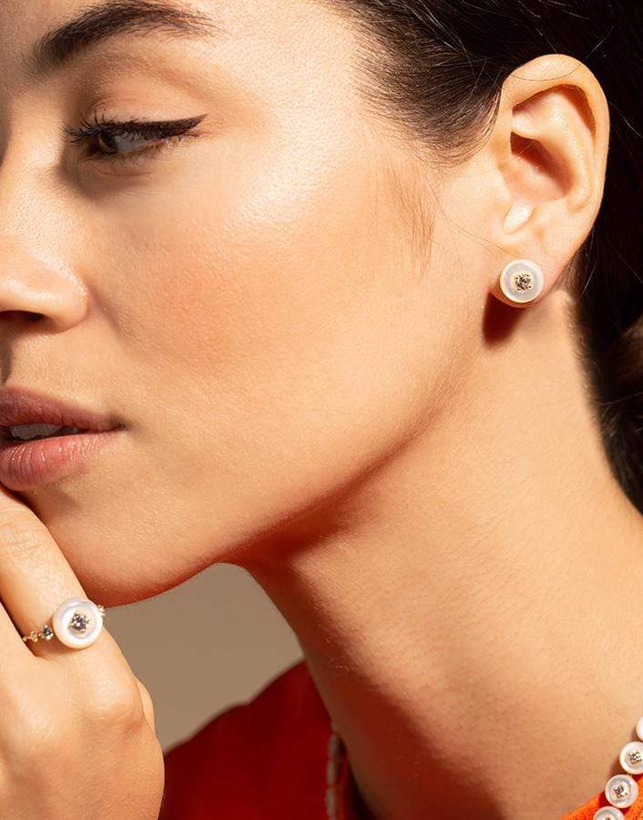 FERNANDO JORGE-Mother of Pearl Diamond Large Orbit Stud Earrings-YELLOW GOLD