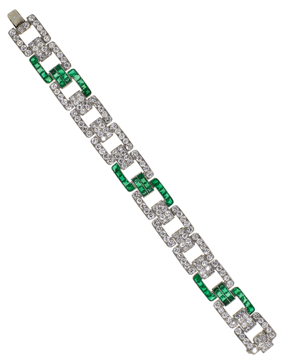 FRED LEIGHTON-Art Deco Diamond And Emerald Heyman Bracelet-PLATINUM