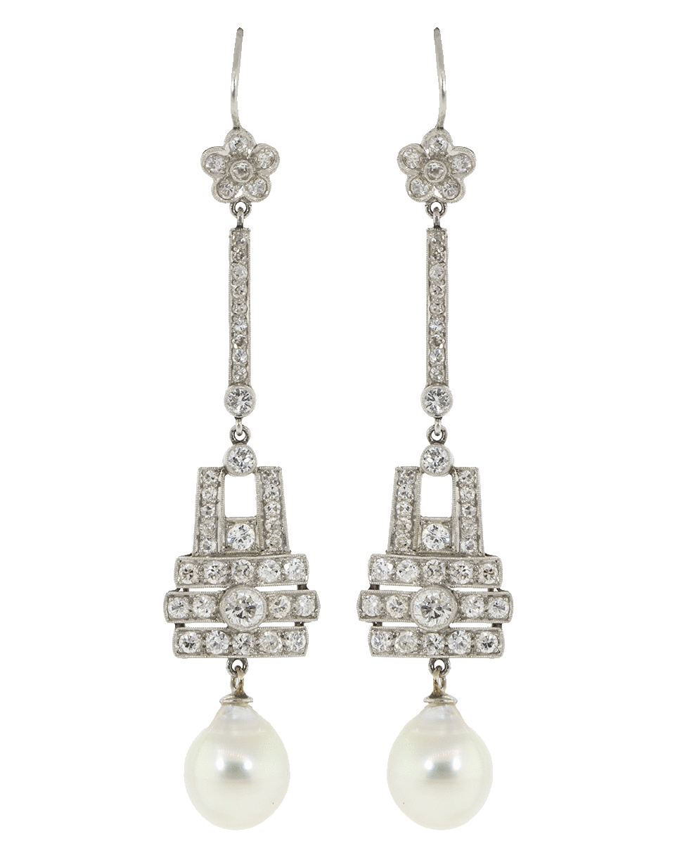 FRED LEIGHTON-Art Deco Diamond And Cultured Pearl Pendant Earrings-PLATINUM