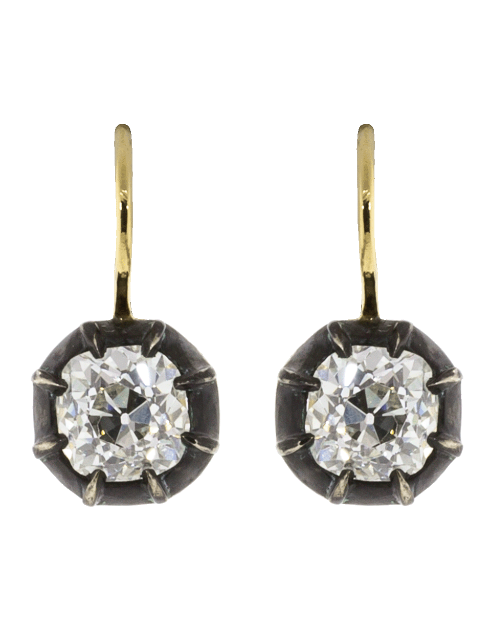 FRED LEIGHTON-Antique Cushion Diamond Collet Drop Earrings-YELLOW GOLD