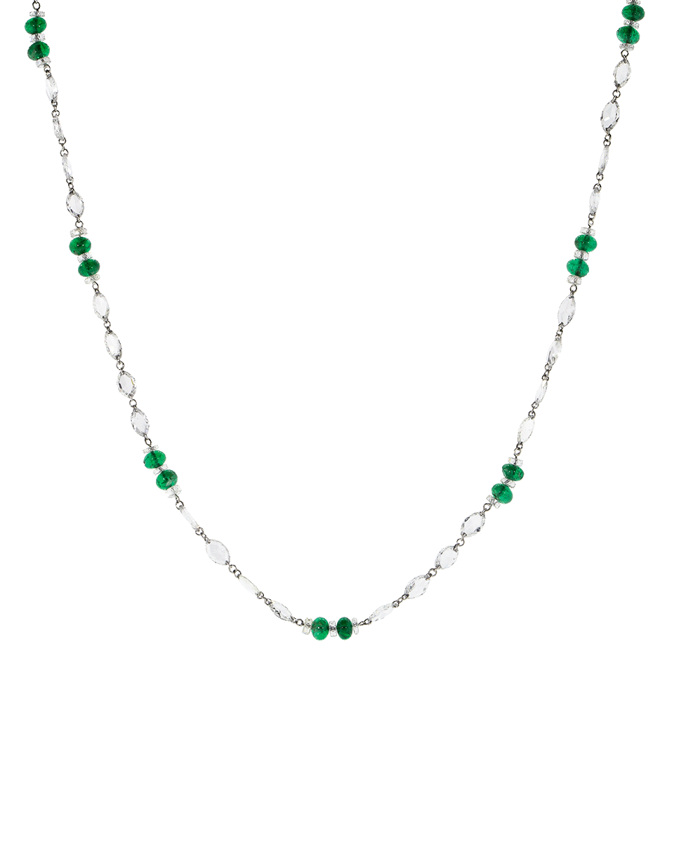 FRED LEIGHTON-Marquis Rose Cut Diamond And Emerald Bead Necklace-WHITE GOLD