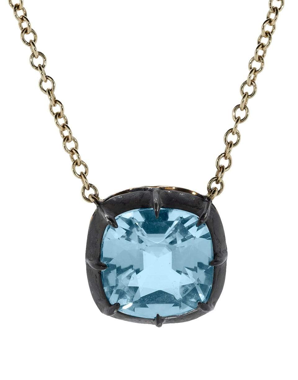 FRED LEIGHTON-Cushion Blue Topaz Collet Signature Pendant Necklace-YELLOW GOLD