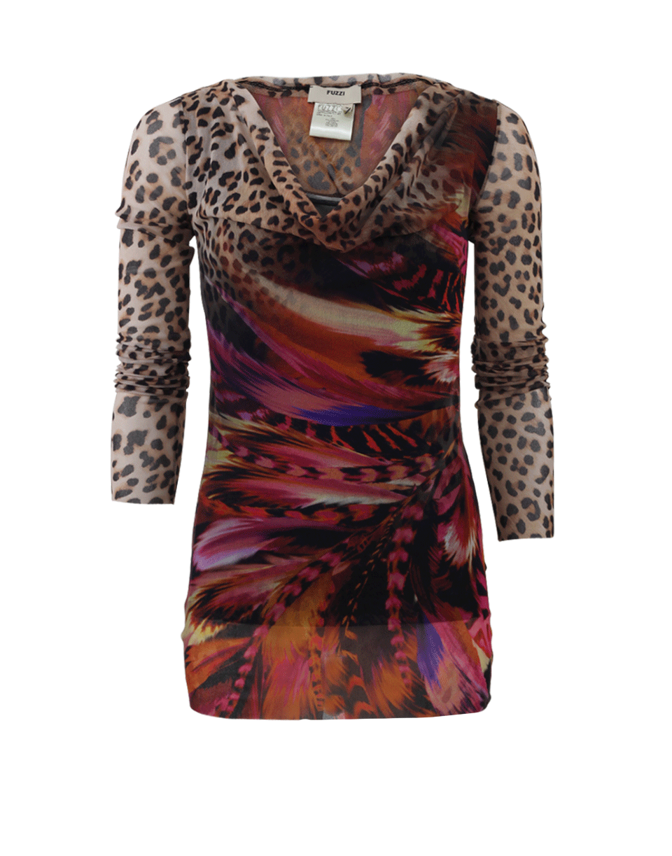 FUZZI-Long Sleeve Leopard And Feather Top-