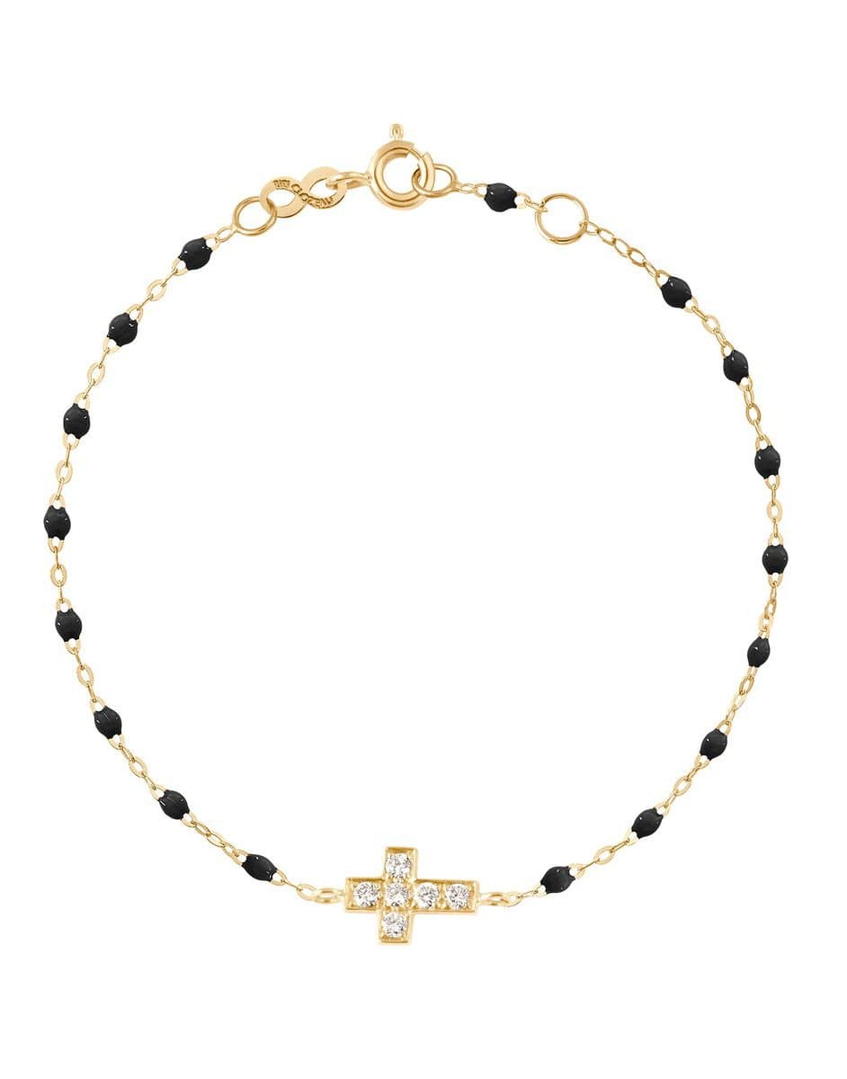 GIGI CLOZEAU-Black Cross Charm Diamond Bracelet-YG/BLK