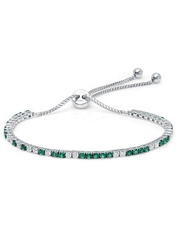 GRAZIELA-White Diamond & Emerald Bolo Bracelet-WHITE GOLD