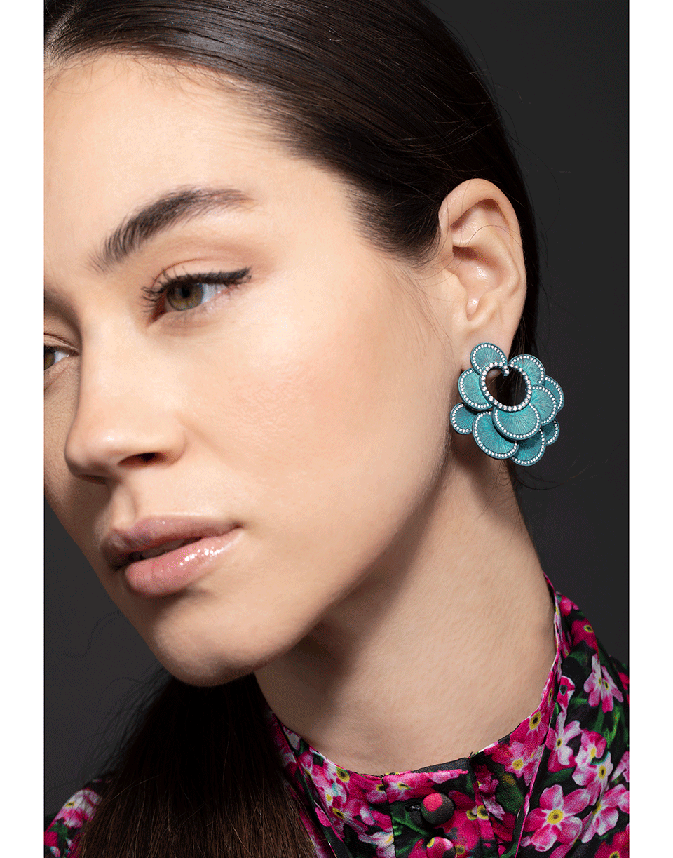 GRAZIELA-Teal Scalloped Titanium Diamond Earrings-TITANIUM