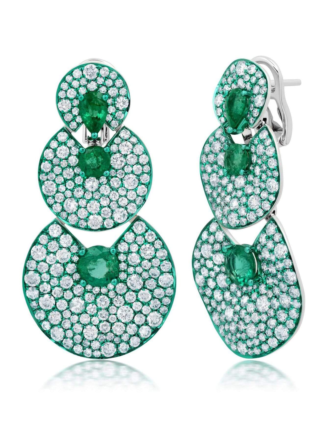 GRAZIELA-Emerald and Diamond Three Disc Earrings-WHITE GOLD