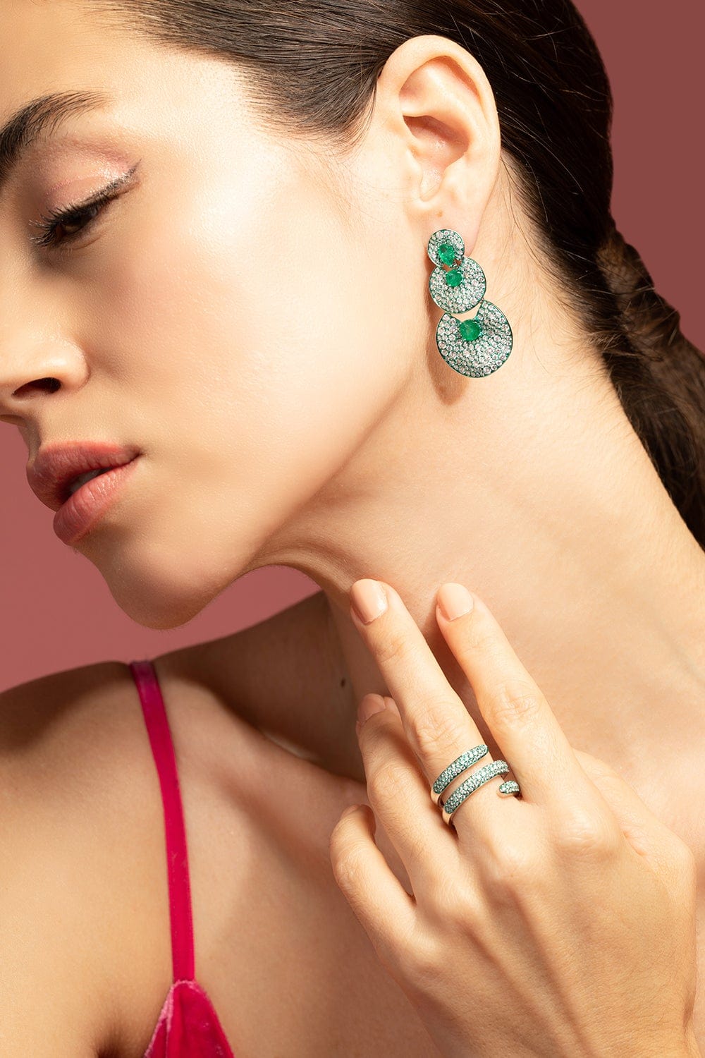 GRAZIELA-Emerald and Diamond Three Disc Earrings-WHITE GOLD