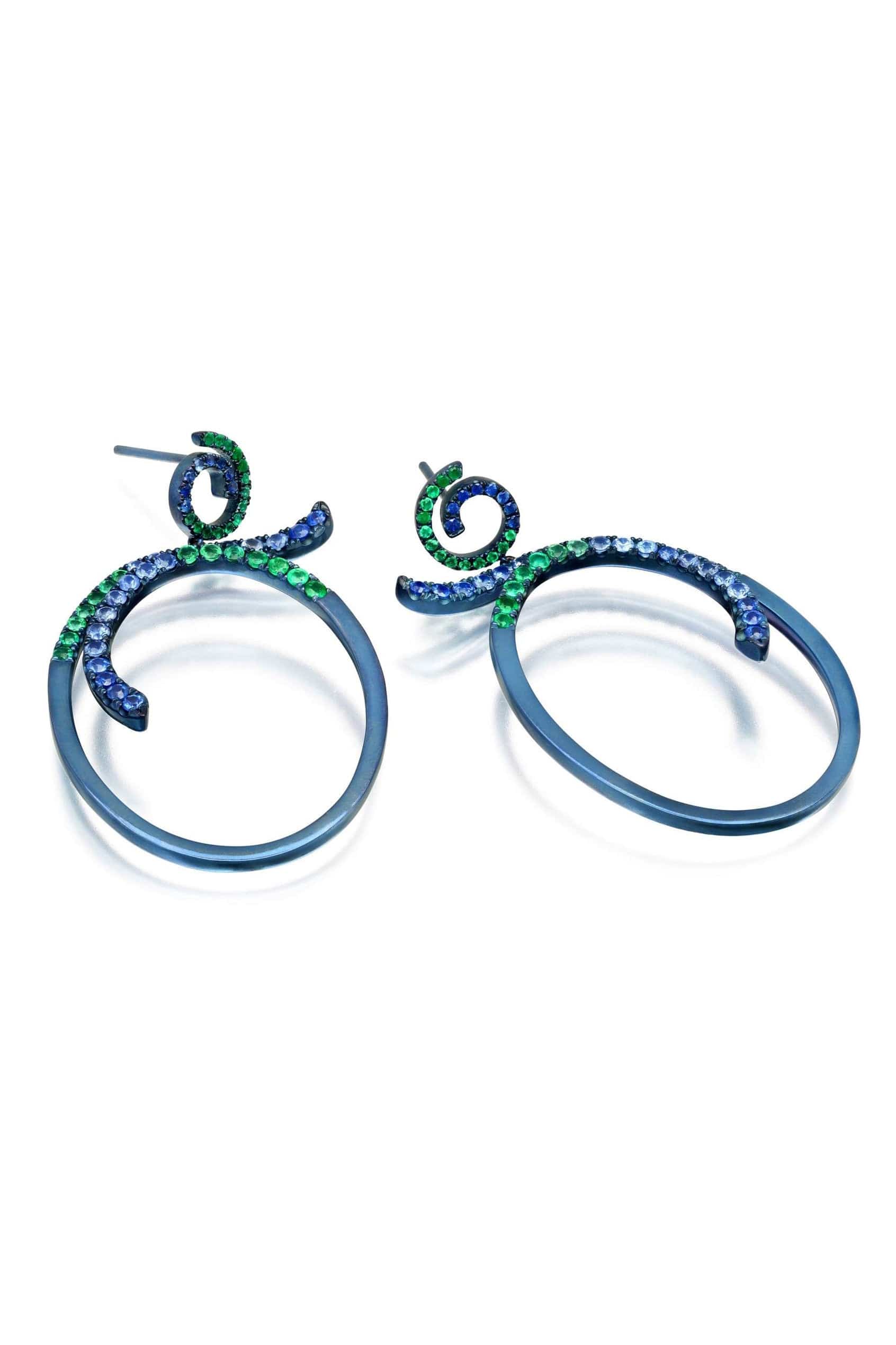 GRAZIELA-Sapphire & Emerald Blue Titanium Earrings-WHITE GOLD