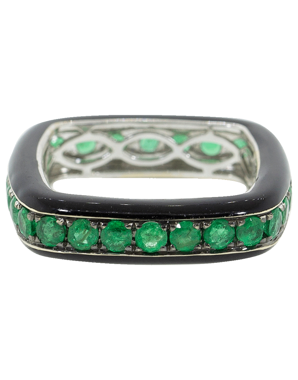 GRAZIELA-Emerald and Black Enamel Square Ring-WHITE GOLD