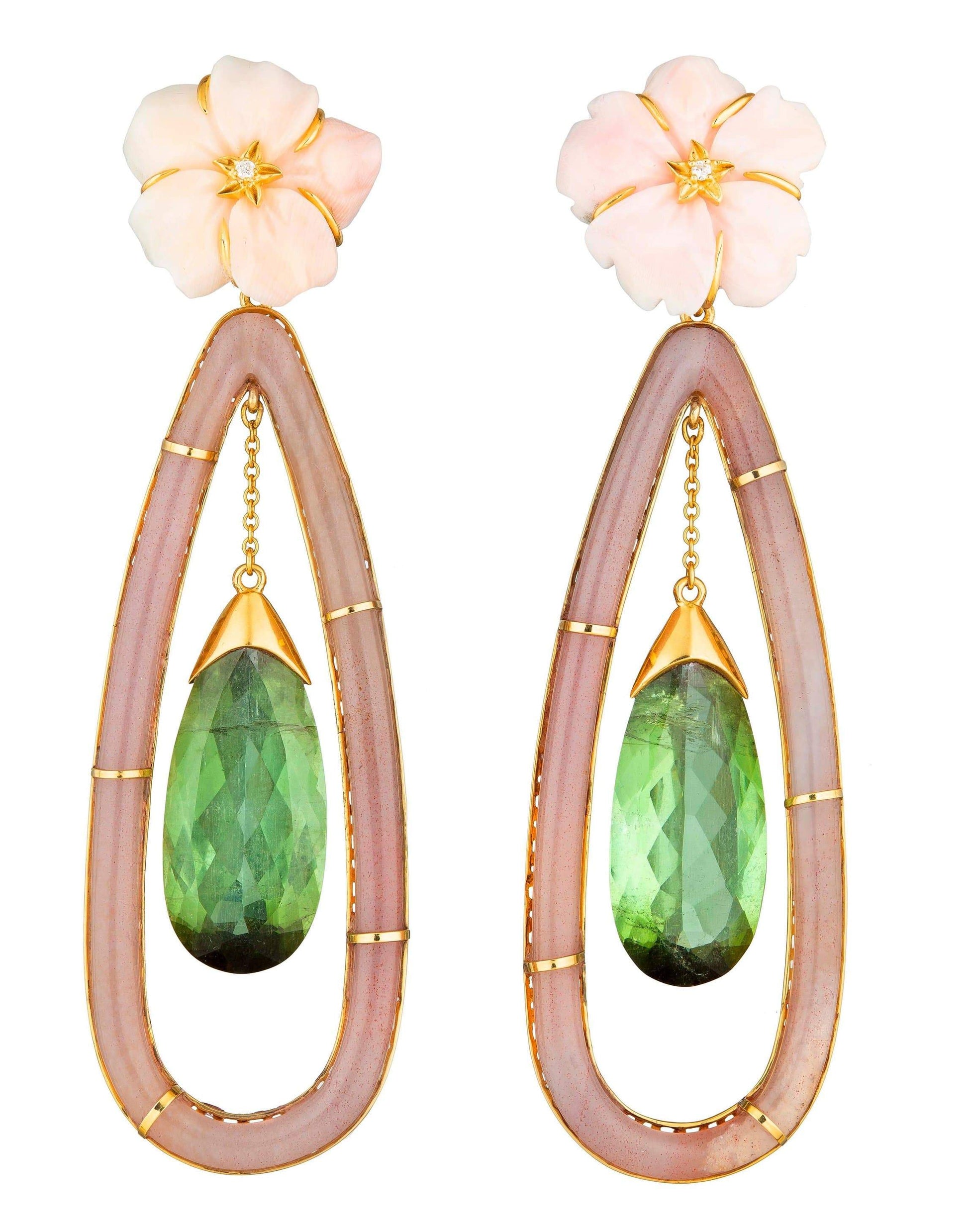 GUITA M-Conch Flower and Green Tourmaline Earrings-YELLOW GOLD