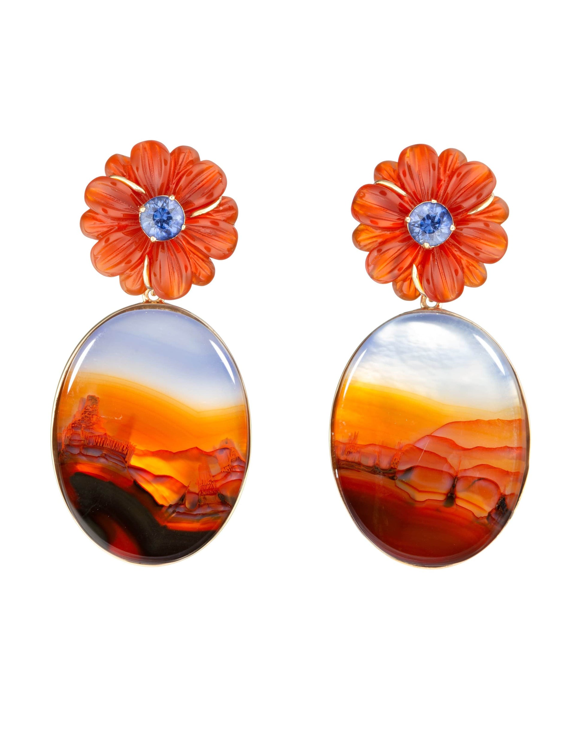 GUITA M-Red Agate and Tanzanite Flower Earrings-YELLOW GOLD