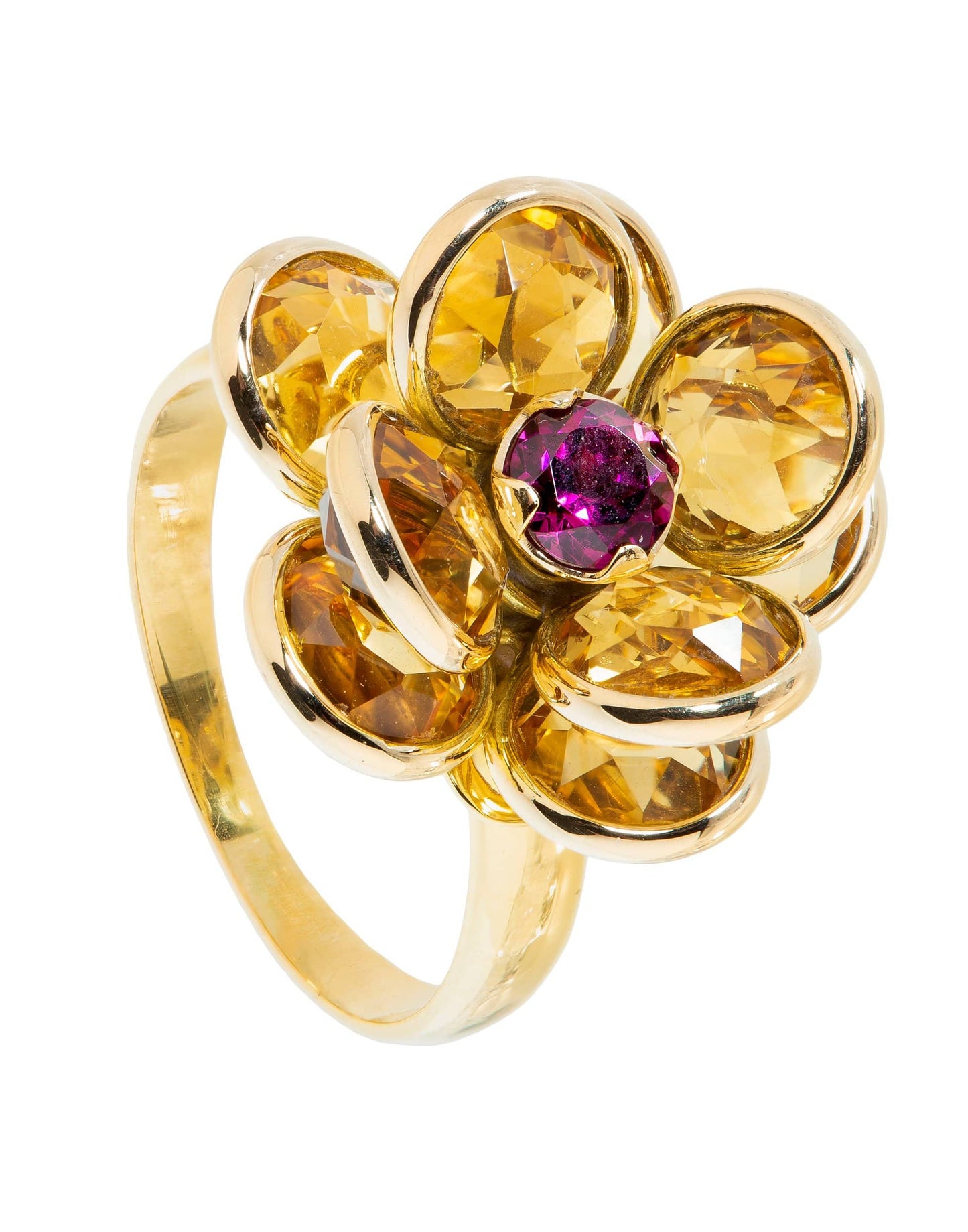 GUITA M-Citrine and Rhodolite Flower Ring-YELLOW GOLD