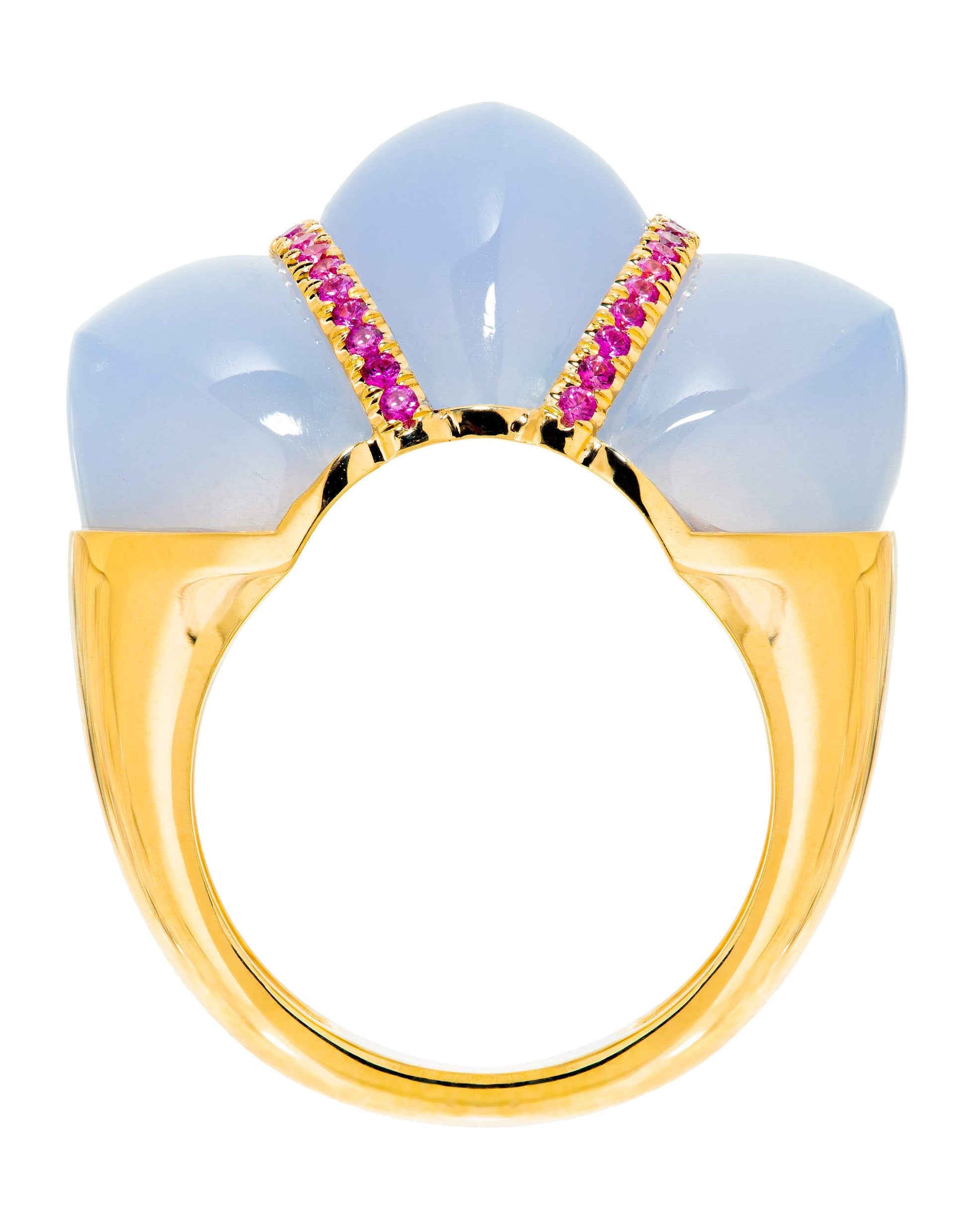 GUITA M-Carved Blue Chalcedony and Ruby Ring-YELLOW GOLD