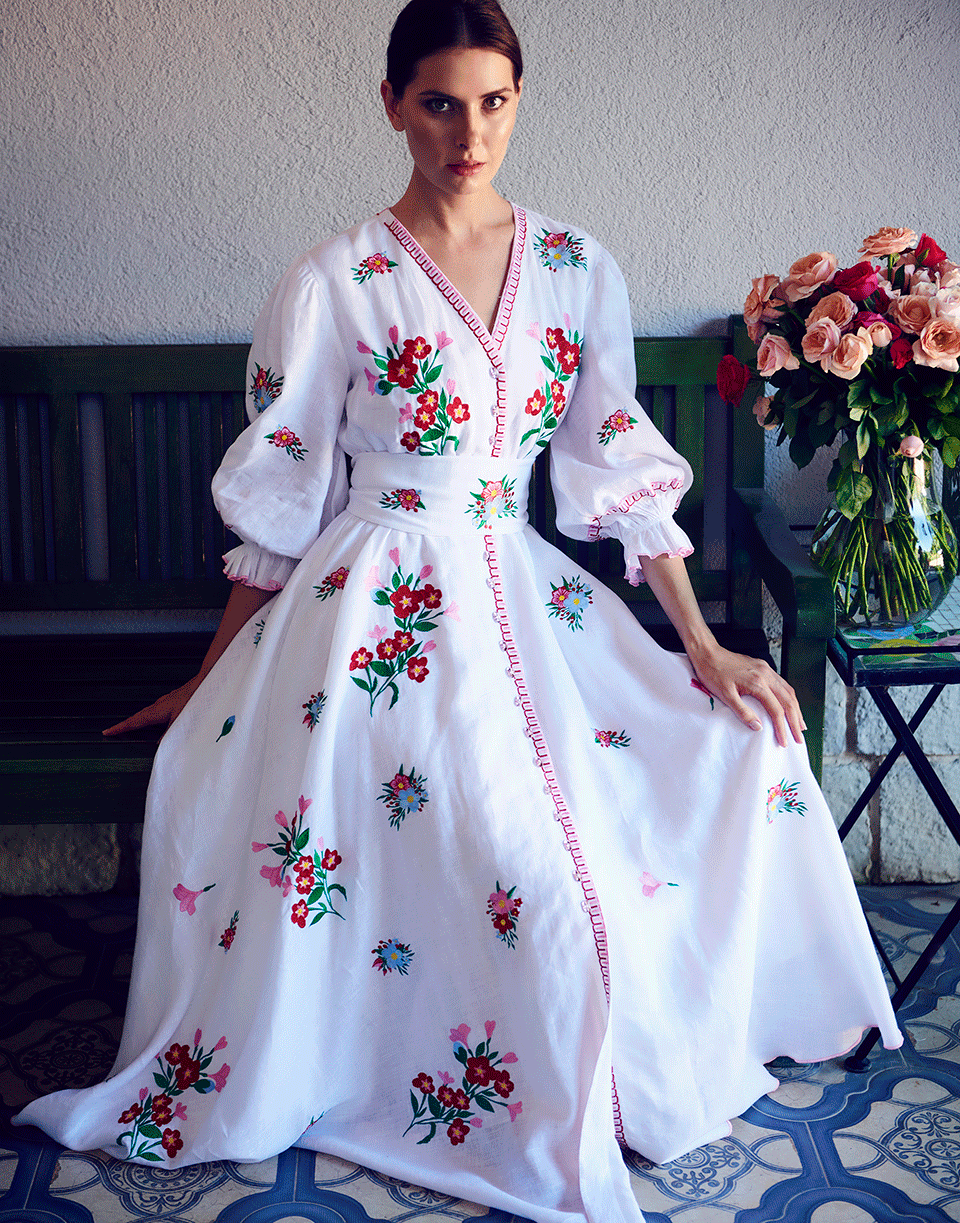 GUL HURGEL-Floral Embroidered Midi Dress-WHITE