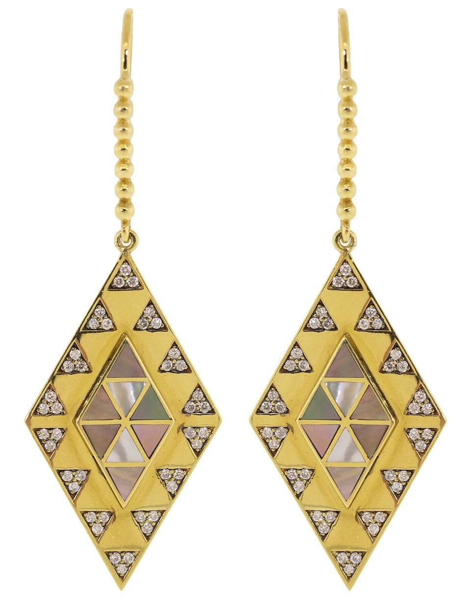HARWELL GODFREY-Mother of Pearl and Diamond Inlay Shield Earrings-YELLOW GOLD
