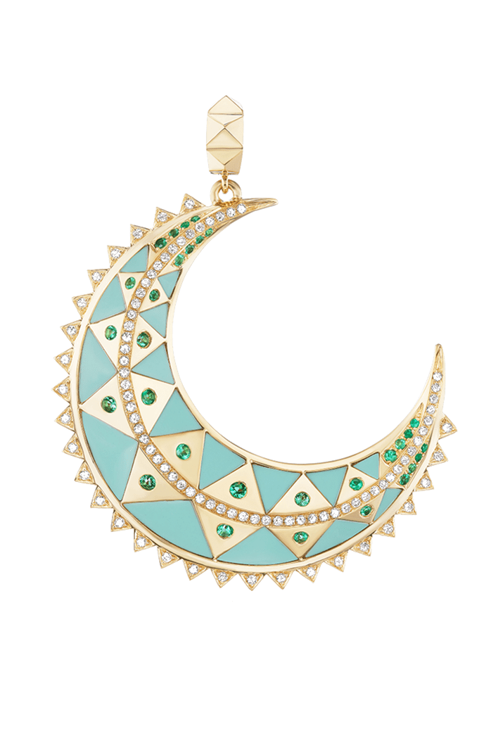 HARWELL GODFREY-Chrysoprase and Emerald Crescent Charm-YELLOW GOLD