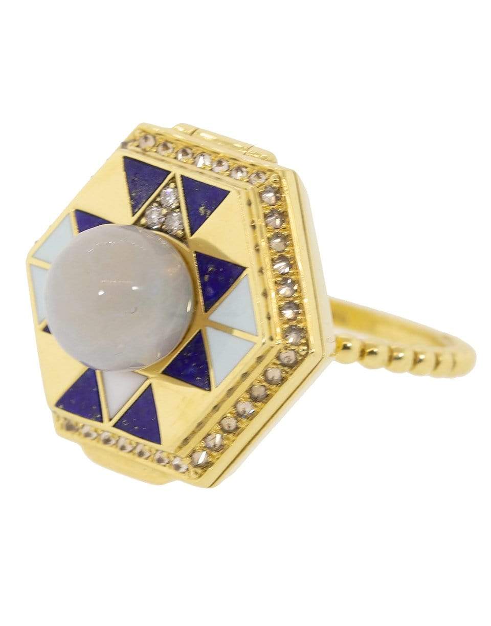 HARWELL GODFREY-Pearl Top Lapis and Diamond Poison Ring-YELLOW GOLD