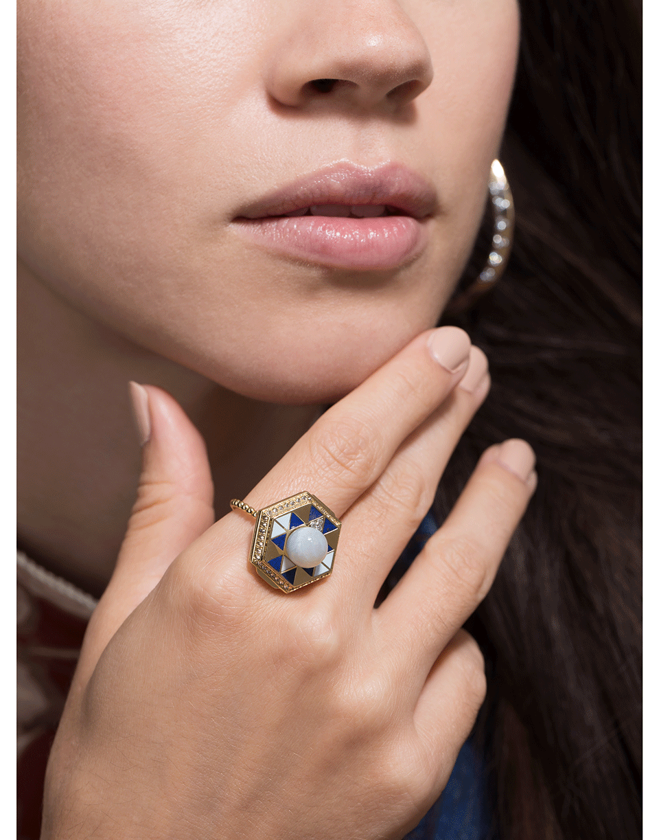 HARWELL GODFREY-Pearl Top Lapis and Diamond Poison Ring-YELLOW GOLD