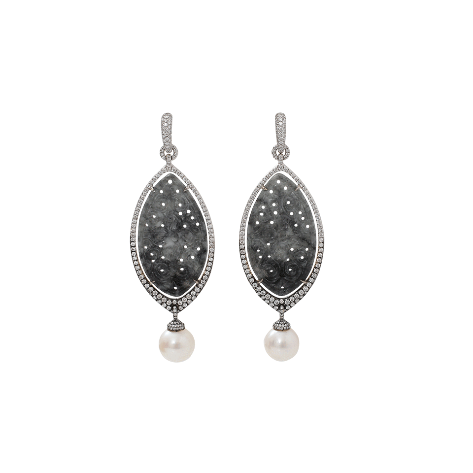 INBAR-Carved Grey Jade And Pearl Earrings-WHITE GOLD