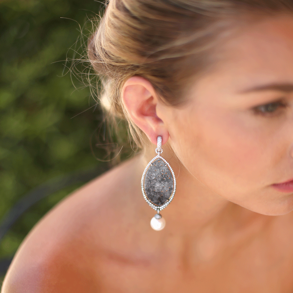 INBAR-Carved Grey Jade And Pearl Earrings-WHITE GOLD