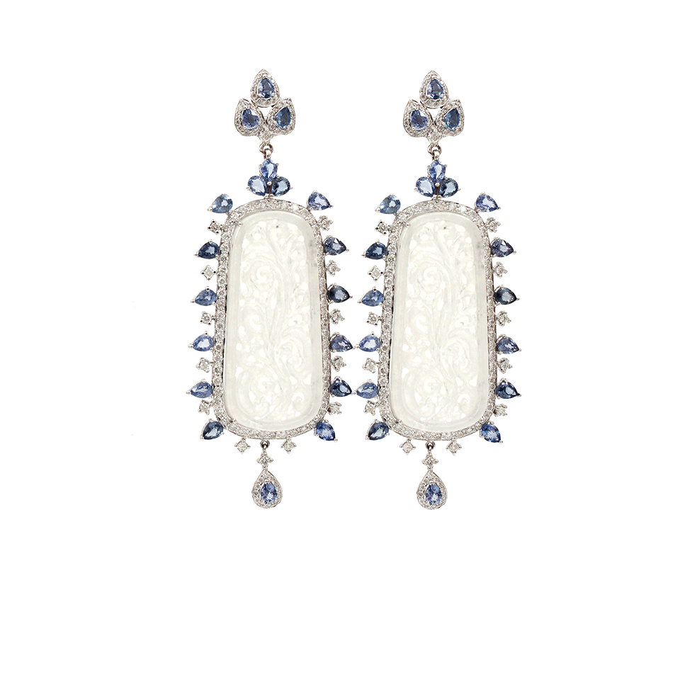 INBAR-Carved White Jade Sapphire Diamond Earrings-WHITE GOLD