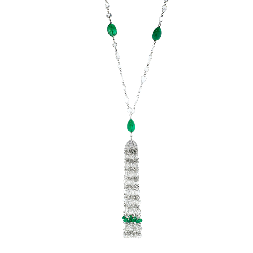 INBAR-Emerald And Diamond Tassel Necklace-WHITE GOLD