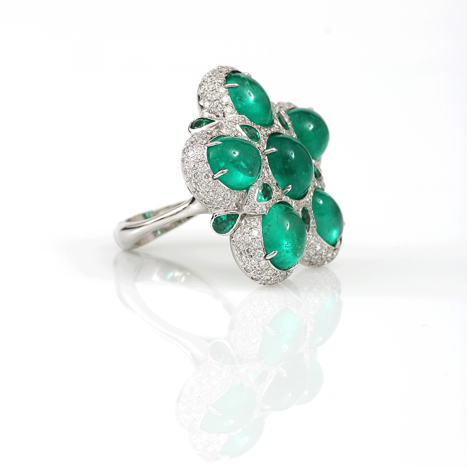 INBAR-Emerald Flower Ring-WHITE GOLD