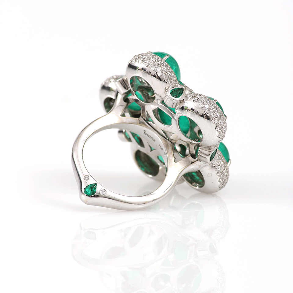 INBAR-Emerald Flower Ring-WHITE GOLD