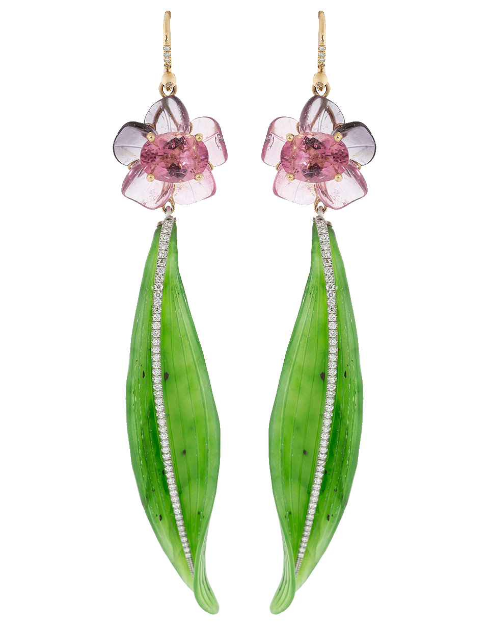 IRENE NEUWIRTH JEWELRY-Carved Tourmaline Flower and Nephrite Leaf Earrings-ROSE GOLD