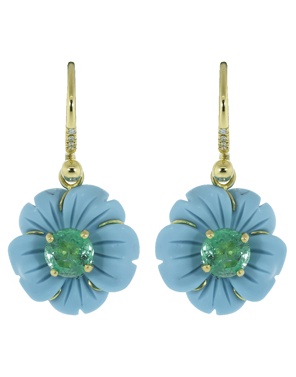 IRENE NEUWIRTH JEWELRY-Carved Turquoise Flower Drop Earrings-YELLOW GOLD