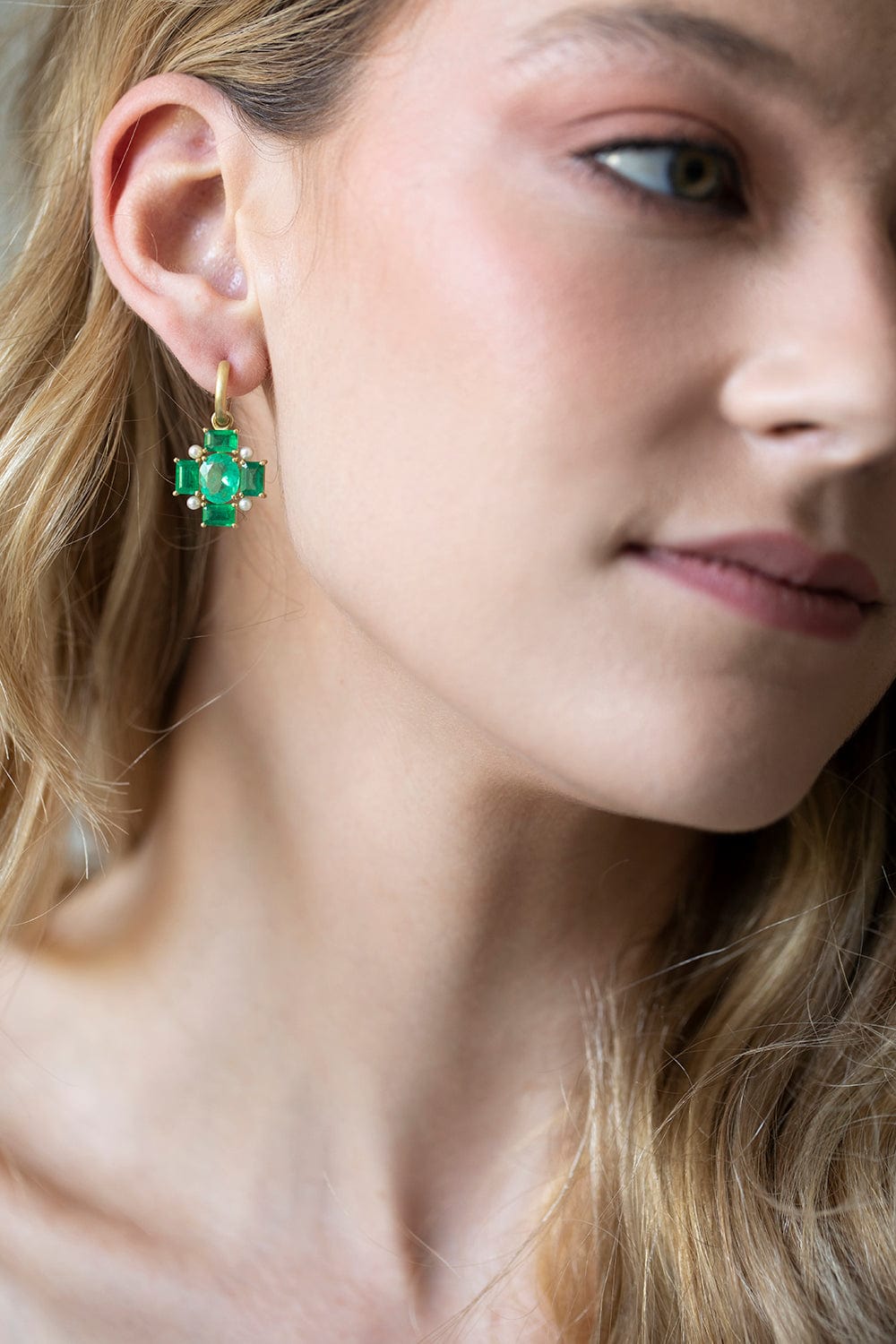 IRENE NEUWIRTH JEWELRY-Emerald and Akoya Pearl Earrings-YELLOW GOLD