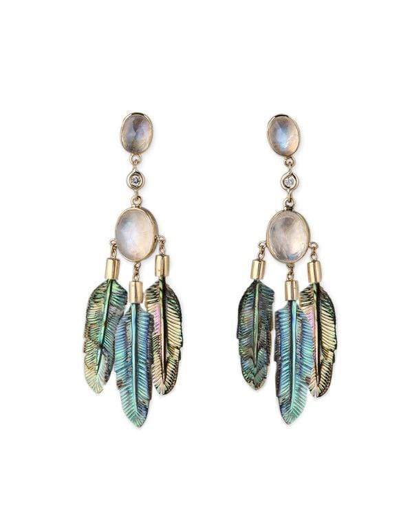 JACQUIE AICHE-Moonstone Feather Drop Earrings-ROSE GOLD