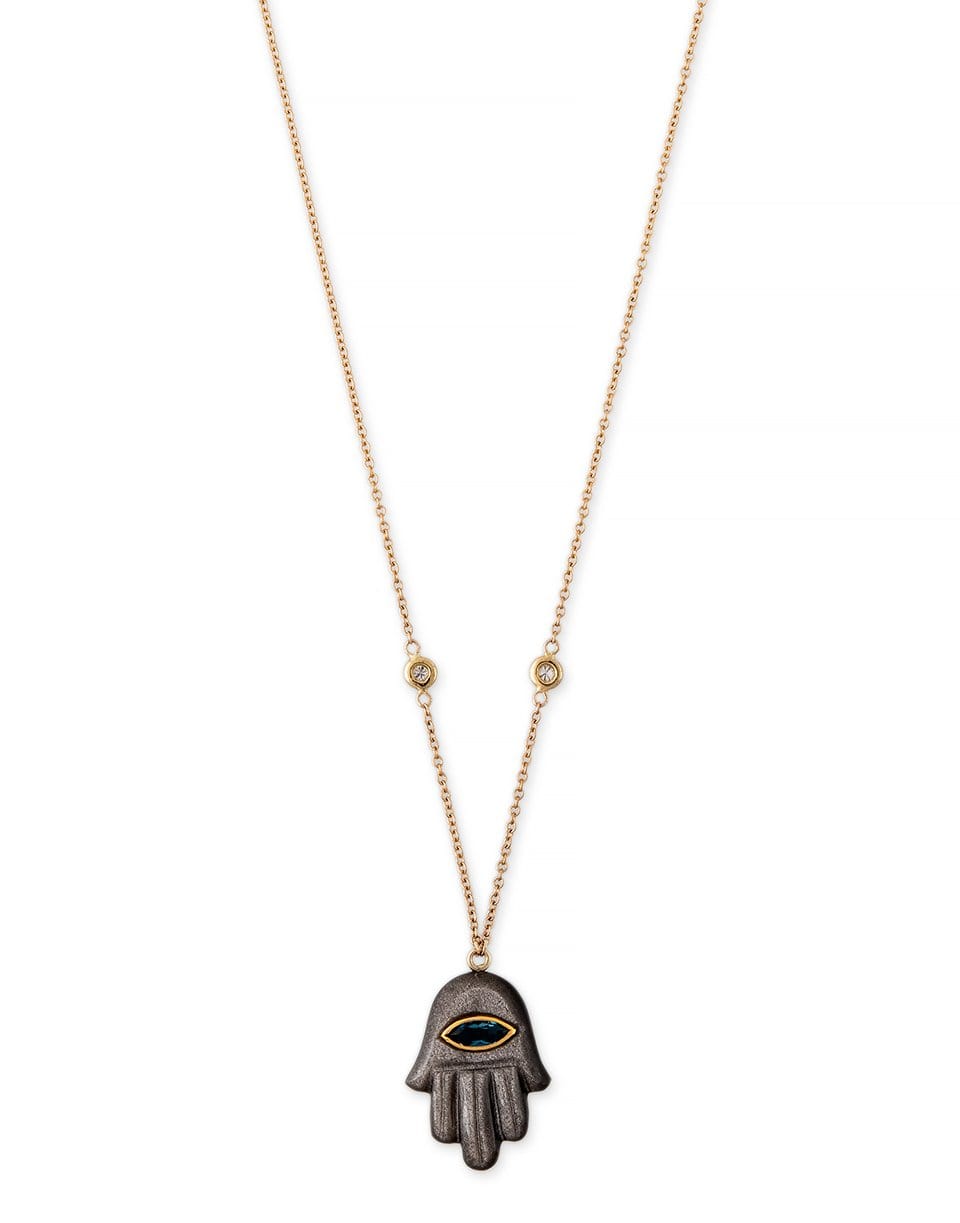 JACQUIE AICHE-Grey Pearl and Blue Topaz Hamsa Necklace-YELLOW GOLD