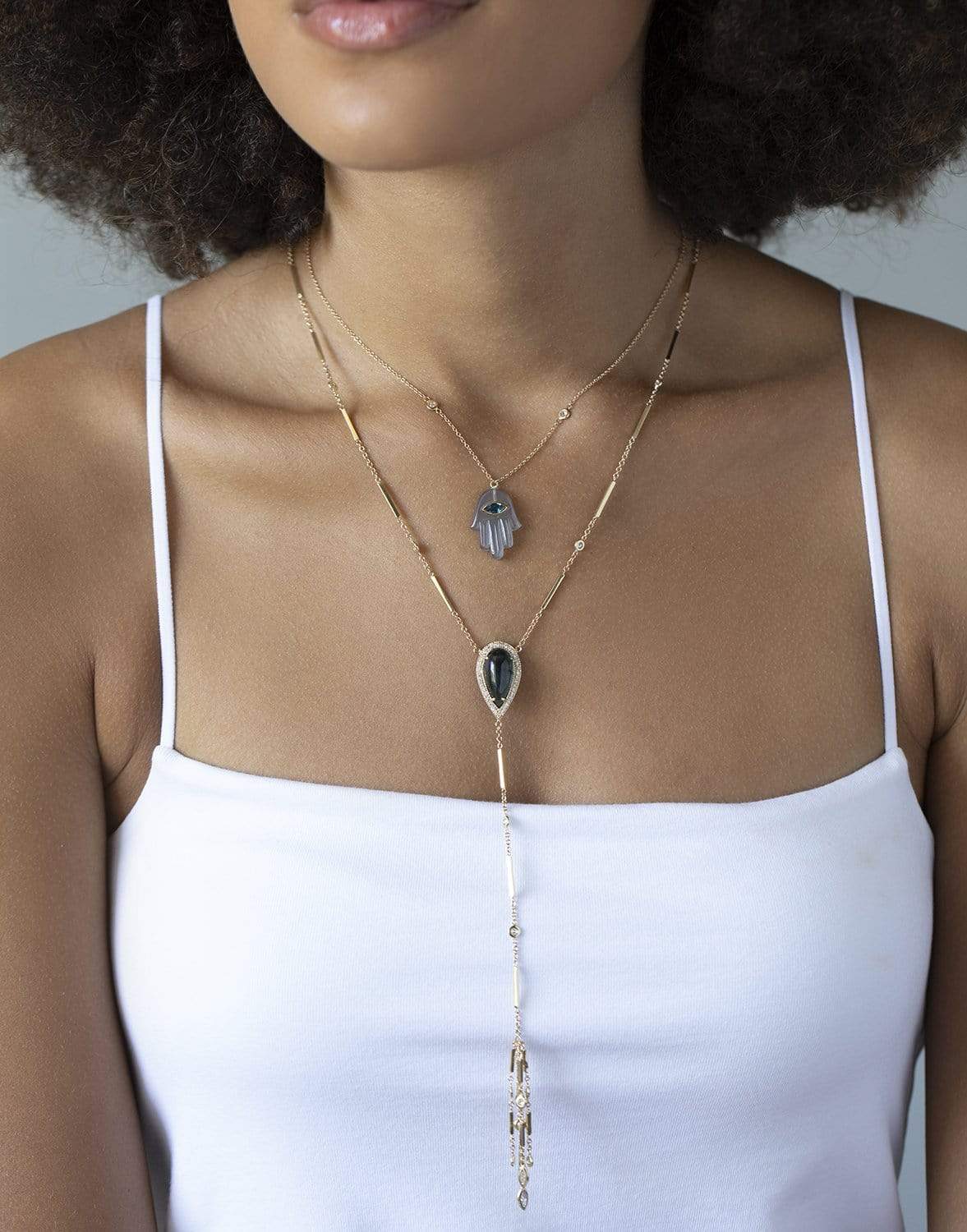 JACQUIE AICHE-Grey Pearl and Blue Topaz Hamsa Necklace-YELLOW GOLD