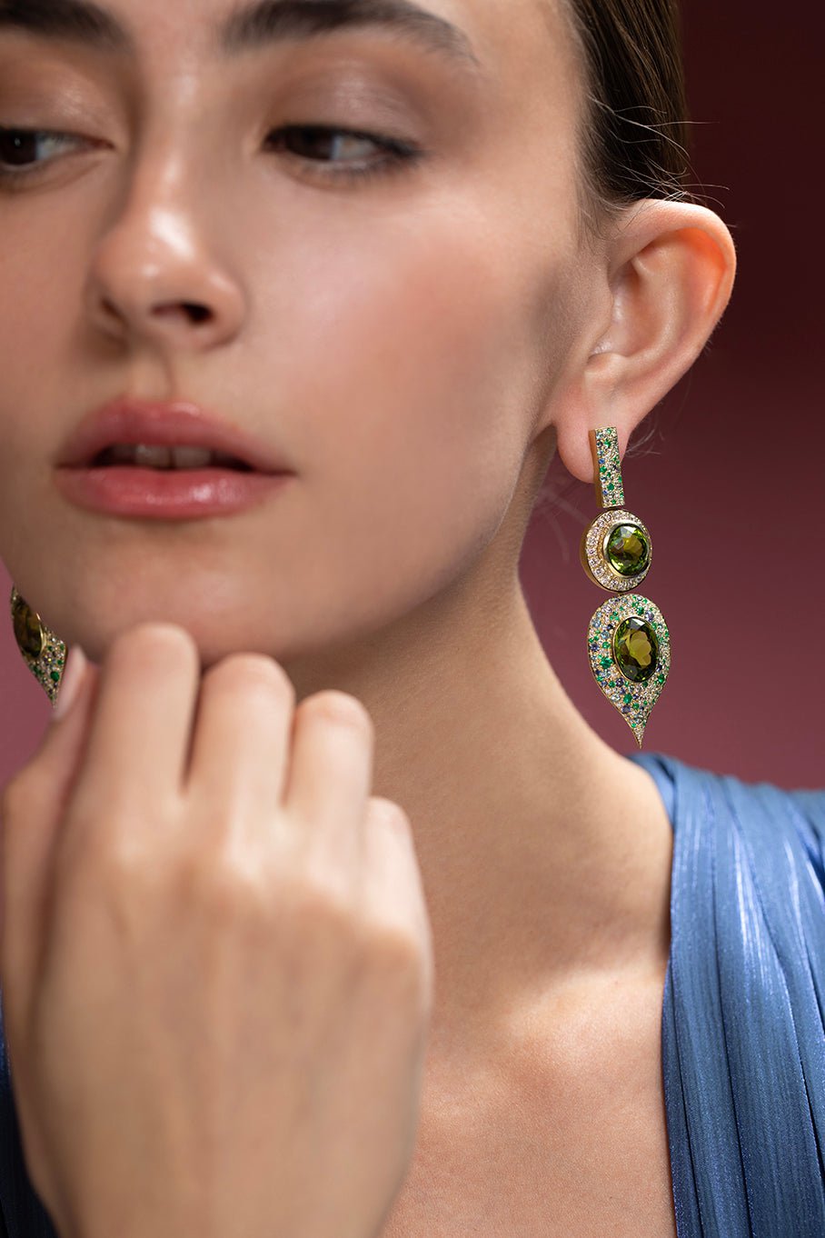 JARED LEHR-Peridot Purple Sapphire Diamond Earrings-YELLOW GOLD
