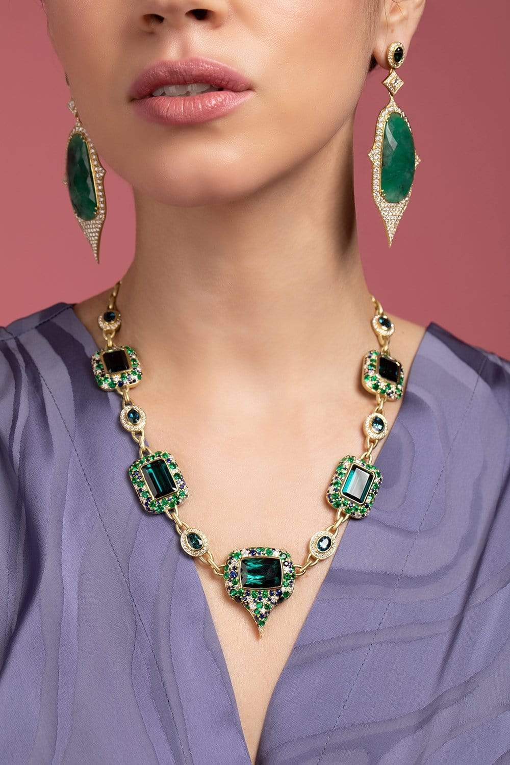 JARED LEHR-Tourmaline, Emerald and Sapphire Necklace-YELLOW GOLD