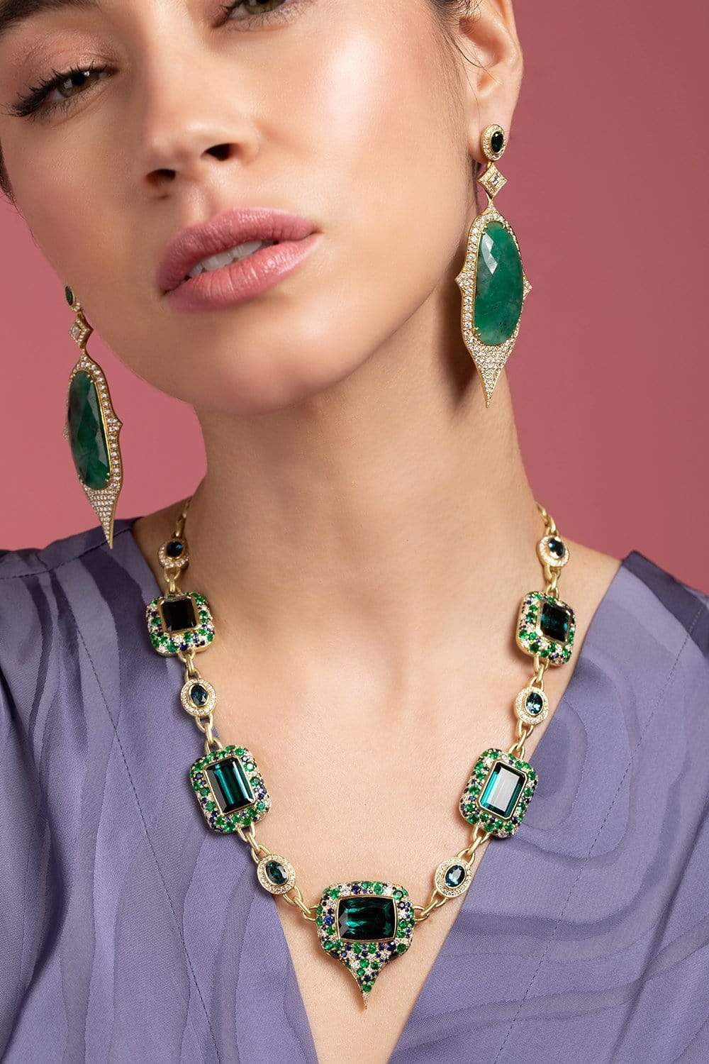 JARED LEHR-Tourmaline, Emerald and Sapphire Necklace-YELLOW GOLD